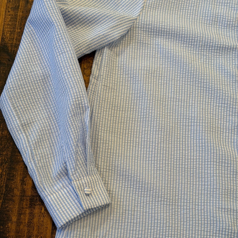 Light Blue Striped Ruffle Button-Down Blouse - Picture 3 of 6